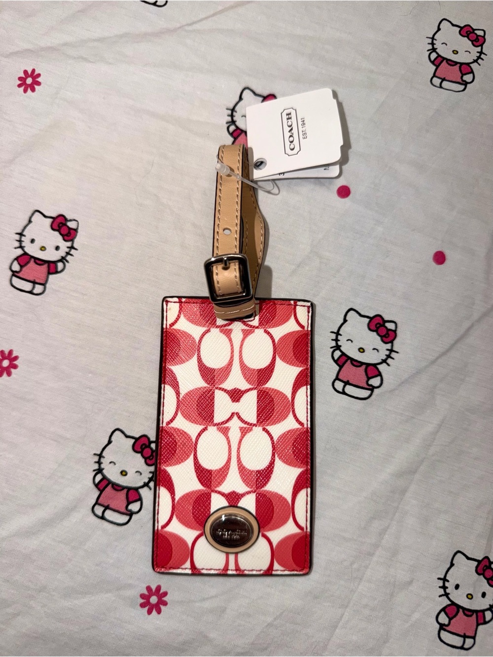 Coach Red Signature Luggage Tag with Tan Strap